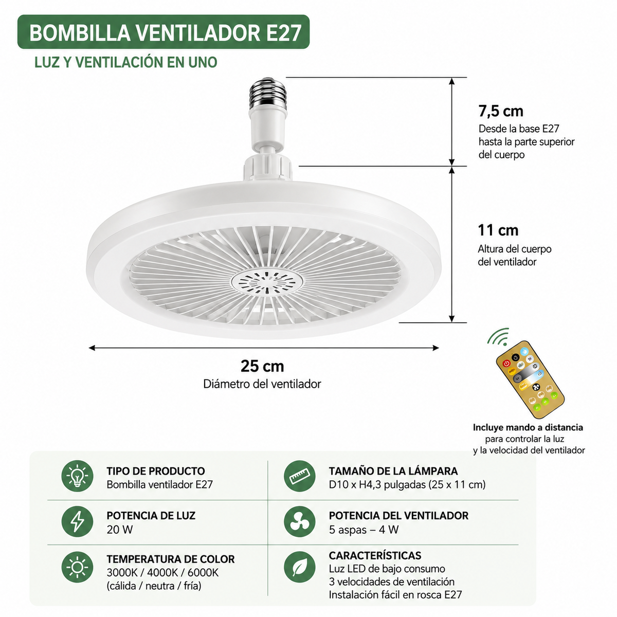 Lampara y ventilador de techo 2en1- LED multifuncionales con control remoto