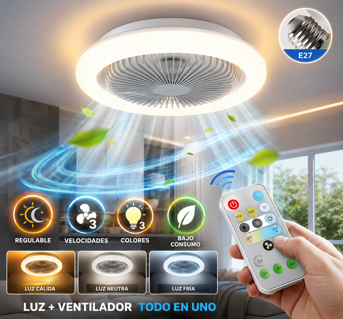 Lampara y ventilador de techo 2en1- LED multifuncionales con control remoto